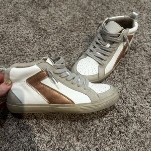 ShuShop White and Metallic Tan High-Top Sneakers